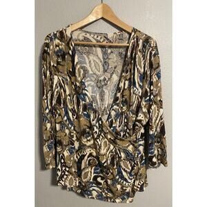 Coldwater Creek Womens Faux Wrap Top Size 2X Brown Floral Rayon Stretch Artsy